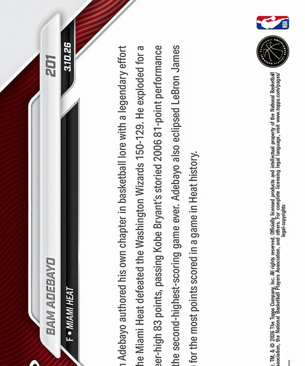 TOPPS Bam Adebayo 2025-26 Topps NOW® Card 201 features the Miami Heat star in jersey #13 soaring for a dunk, with text celebrating his 83-point game—an ideal collectible to showcase in your favorite toploader.