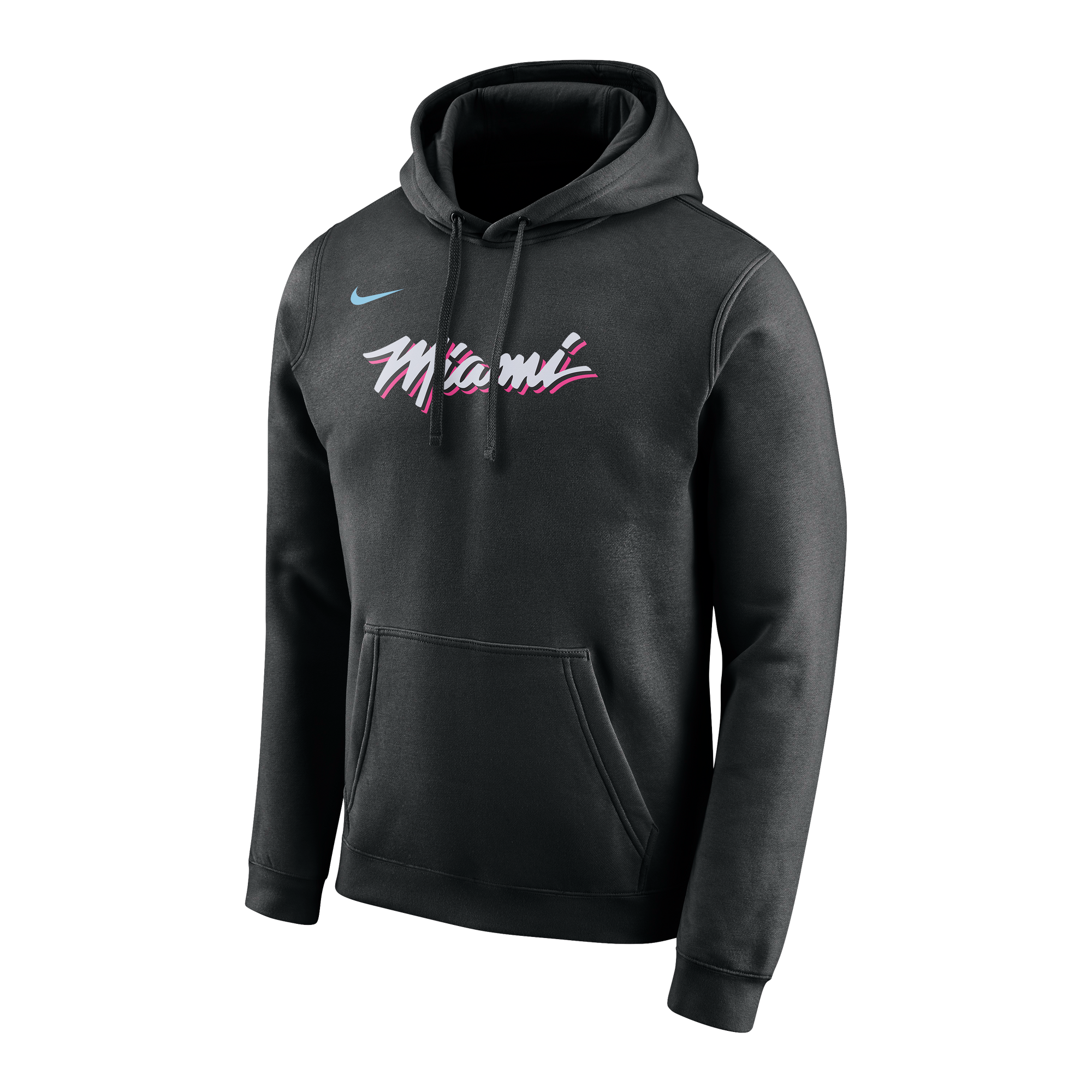 Black Nike ViceWave pullover hoodie with Miami HEAT logo in white and pink script, front kangaroo pocket, and drawstring hood. - Nike ViceWave Pull Over Hoodie