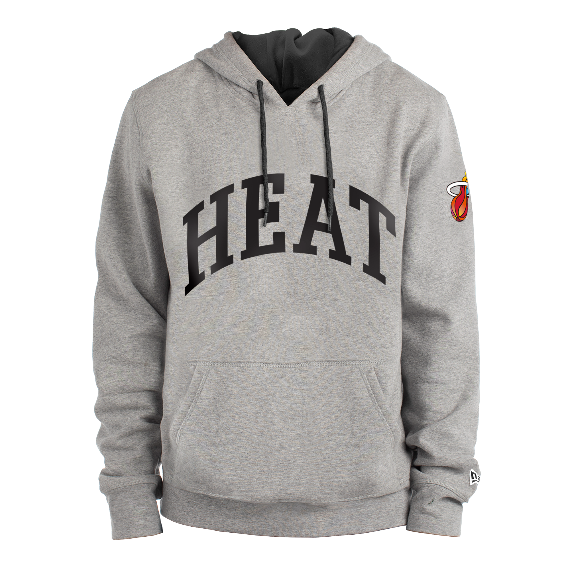 Grey hoodie with Miami HEAT logo across chest and team emblem on sleeve, black drawstrings. - New Era Miami Mashup Vol. 2 Hoodie