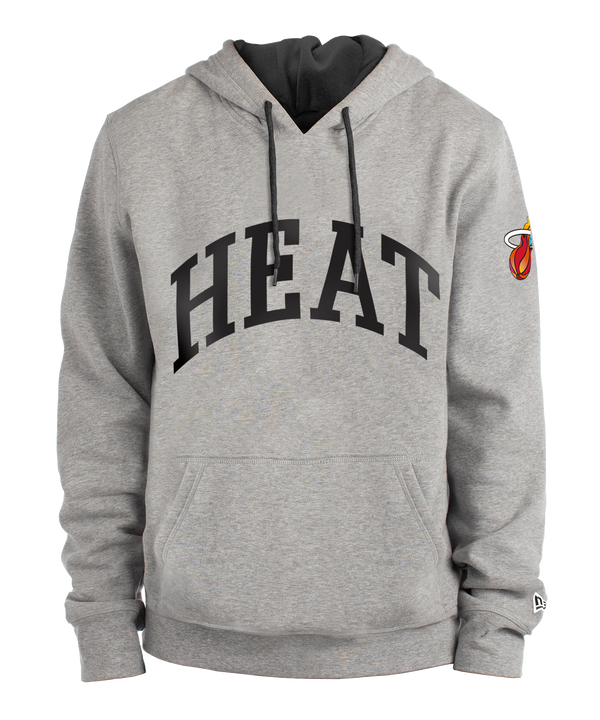 Grey hoodie with Miami HEAT logo across chest and team emblem on sleeve, black drawstrings. - New Era Miami Mashup Vol. 2 Hoodie