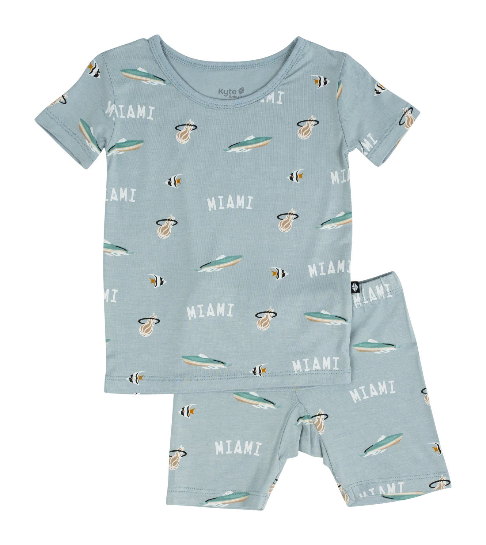 Toddler short sleeve PJ set in fog blue with Miami HEAT logo and surfboard prints. - Court Culture x Kyte Baby Nautical Fog Toddler Short Sleeve PJ Set