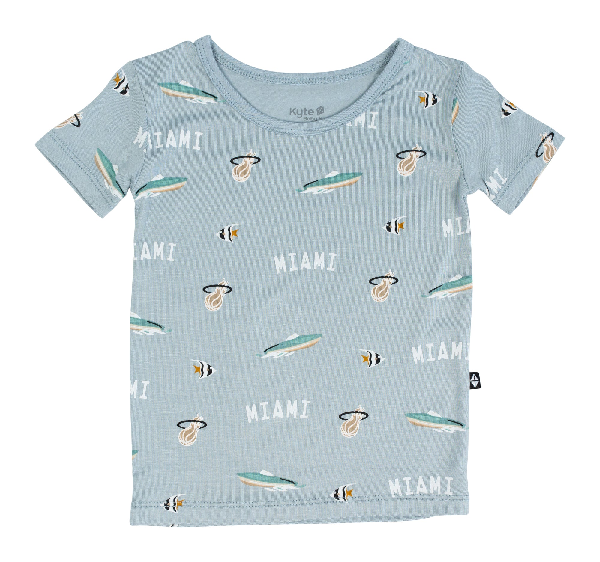 Light blue toddler short sleeve pajama top with Miami HEAT logos and nautical-themed prints. - Court Culture x Kyte Baby Nautical Fog Toddler Short Sleeve PJ Set