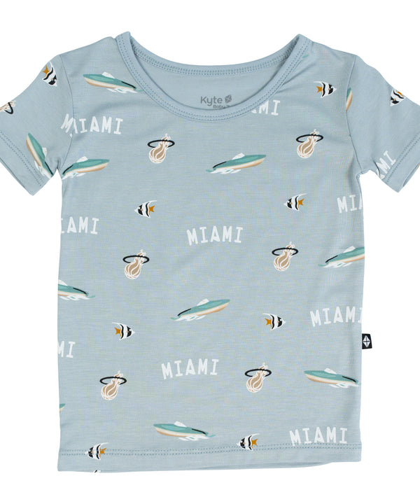 Toddler short sleeve PJ set in fog blue with Miami HEAT logo and surfboard prints. - Court Culture x Kyte Baby Nautical Fog Toddler Short Sleeve PJ Set