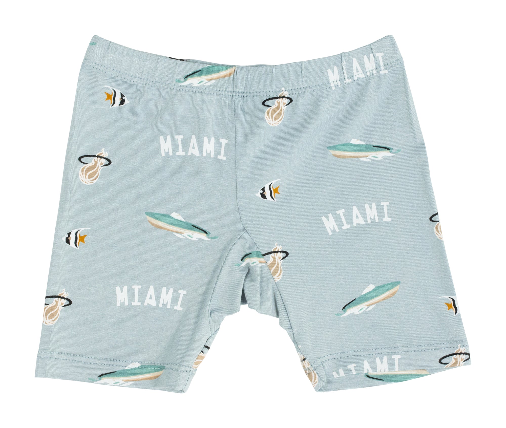 Light blue toddler shorts with Miami HEAT text and small fish and shell prints, Court Culture x Kyte Baby logo. - Court Culture x Kyte Baby Nautical Fog Toddler Short Sleeve PJ Set