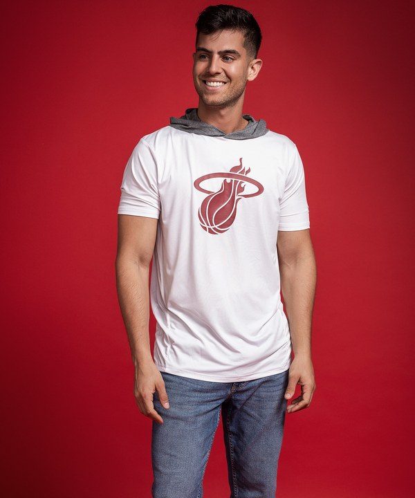 White New Era Miami HEAT short-sleeve hoodie tee with gray hood and red logo. - New Era Miami HEAT Logo Hoodie Tee