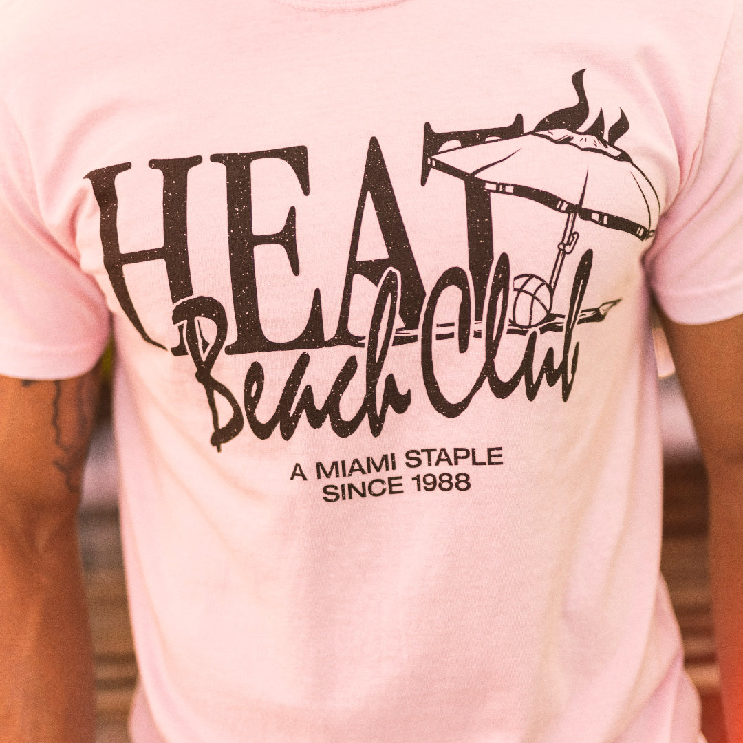 Light pink unisex tee with black Miami HEAT Beach Club graphic and text on front. - Court Culture HEAT Beach Club Unisex Tee