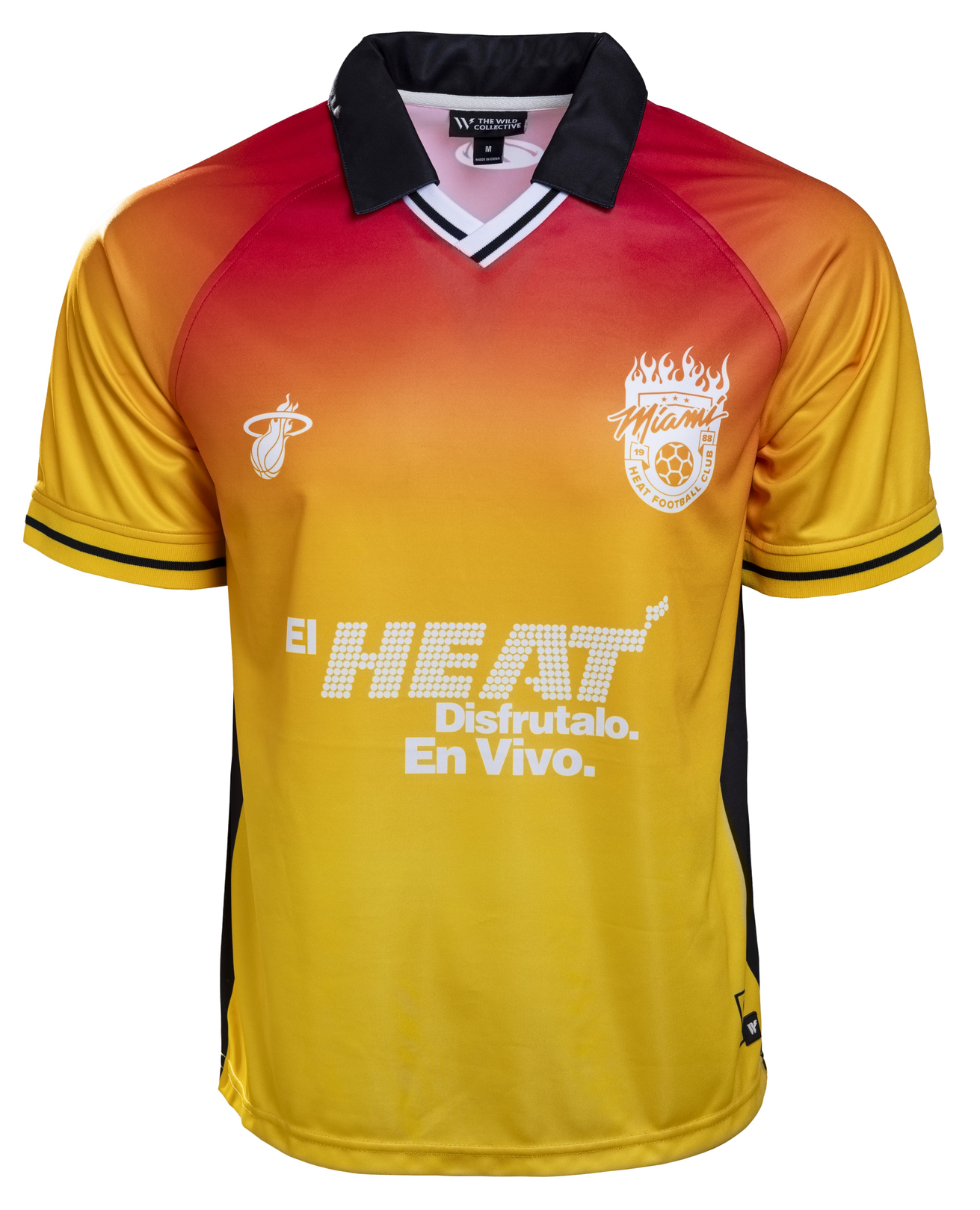 The Court Culture X The Wild Collective HEAT Soccer Jersey features a red-to-yellow gradient, black collar and sides, Miami and flaming soccer ball logo on the chest, and 