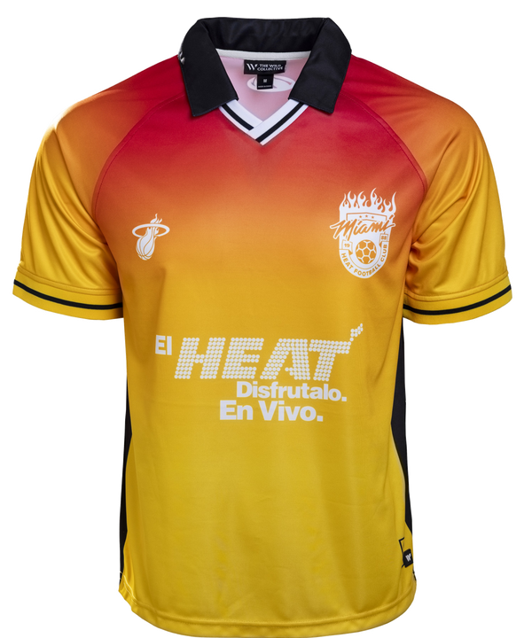 The Court Culture X The Wild Collective HEAT Soccer Jersey features a red-to-yellow gradient, black collar and sides, Miami and flaming soccer ball logo on the chest, and 
