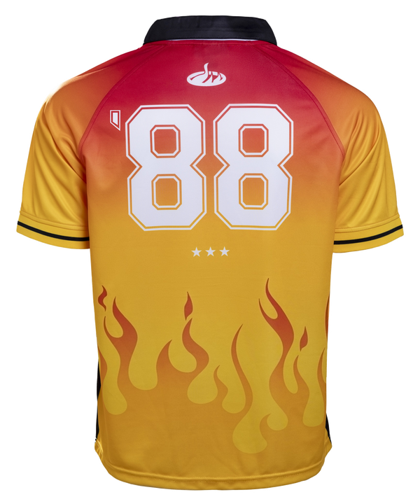The Court Culture X The Wild Collective HEAT Soccer Jersey features a red-to-yellow gradient, black collar and sides, Miami and flaming soccer ball logo on the chest, and 