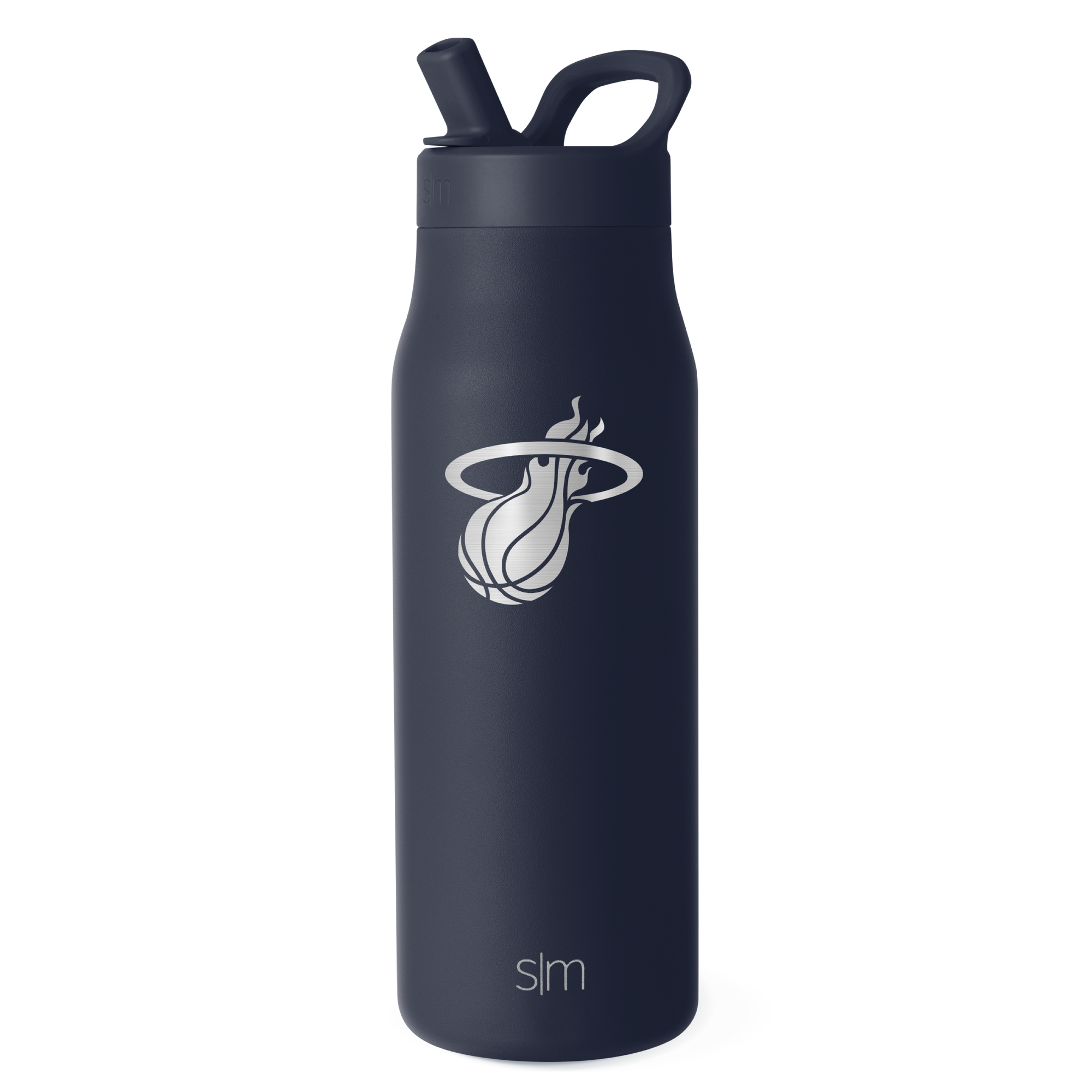 This is a Simple Modern Miami HEAT Blue 34oz Engraved Bottle featuring a sleek matte black finish with the Miami Heat basketball logo engraved in white on the front. The bottle offers double-wall insulation to keep your drinks cold, a convenient handle, and a leakproof lid with a flip straw. The letters “SLM” appear at the base.