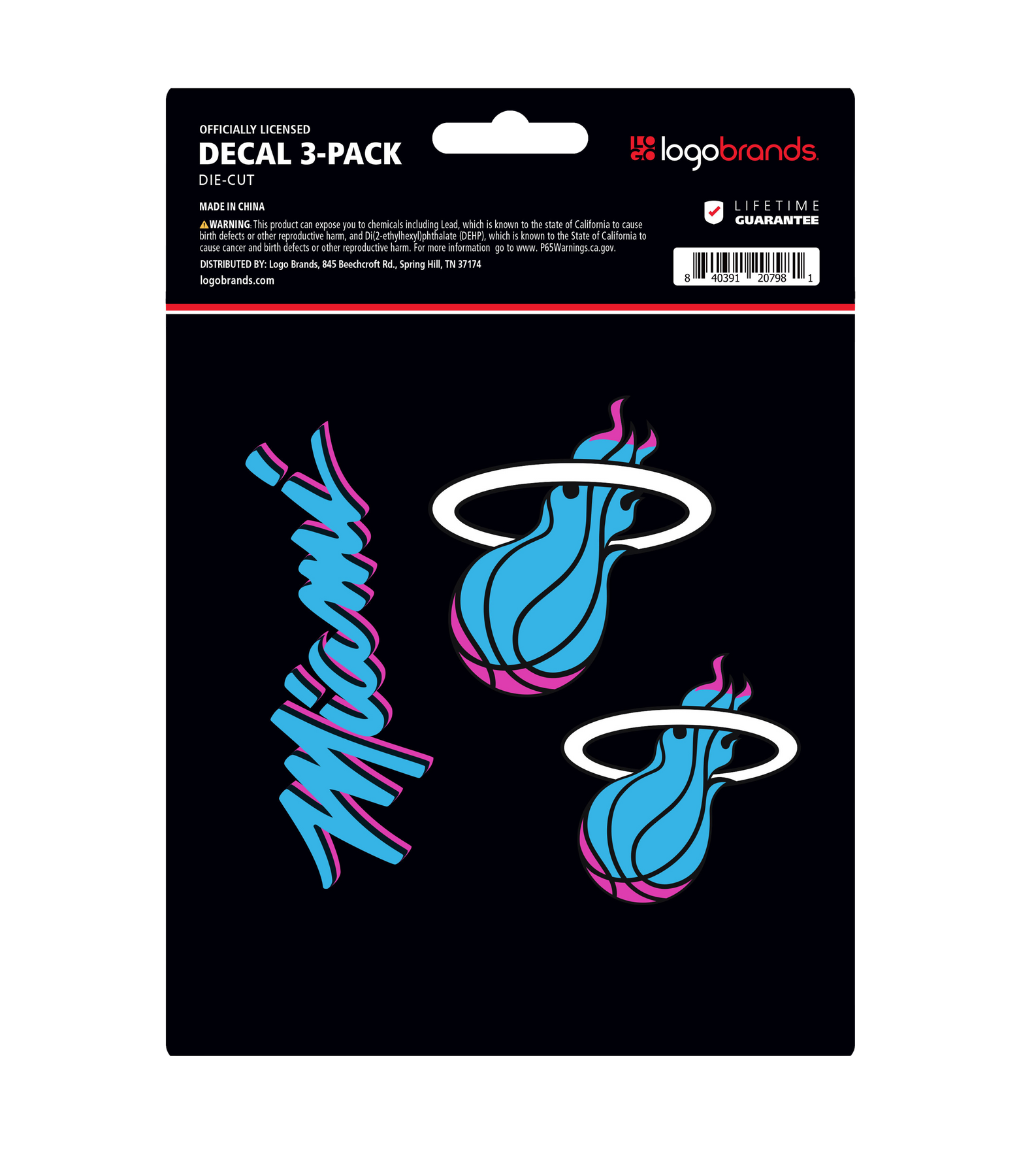 The Logo Brands Miami HEAT Original Vice Nights 3-Pack Decal Set includes officially licensed, UV-resistant decals with flaming basketball logos in blue, pink, and white plus Miami in neon script, packaged in black with white and red text.