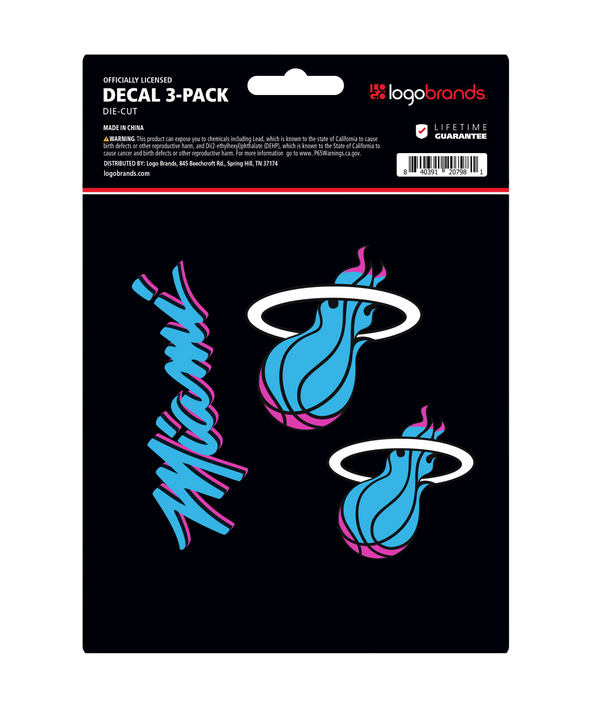 The Logo Brands Miami HEAT Original Vice Nights 3-Pack Decal Set includes officially licensed, UV-resistant decals with flaming basketball logos in blue, pink, and white plus Miami in neon script, packaged in black with white and red text.