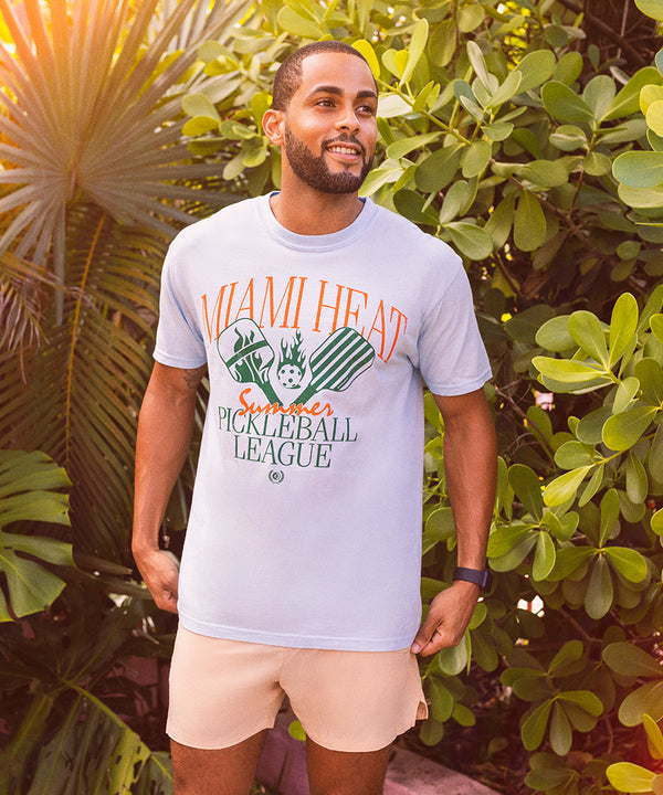 Light blue unisex tee with Miami HEAT Summer Pickleball League graphic in orange and green. - Court Culture HEAT Pickleball League Unisex Tee