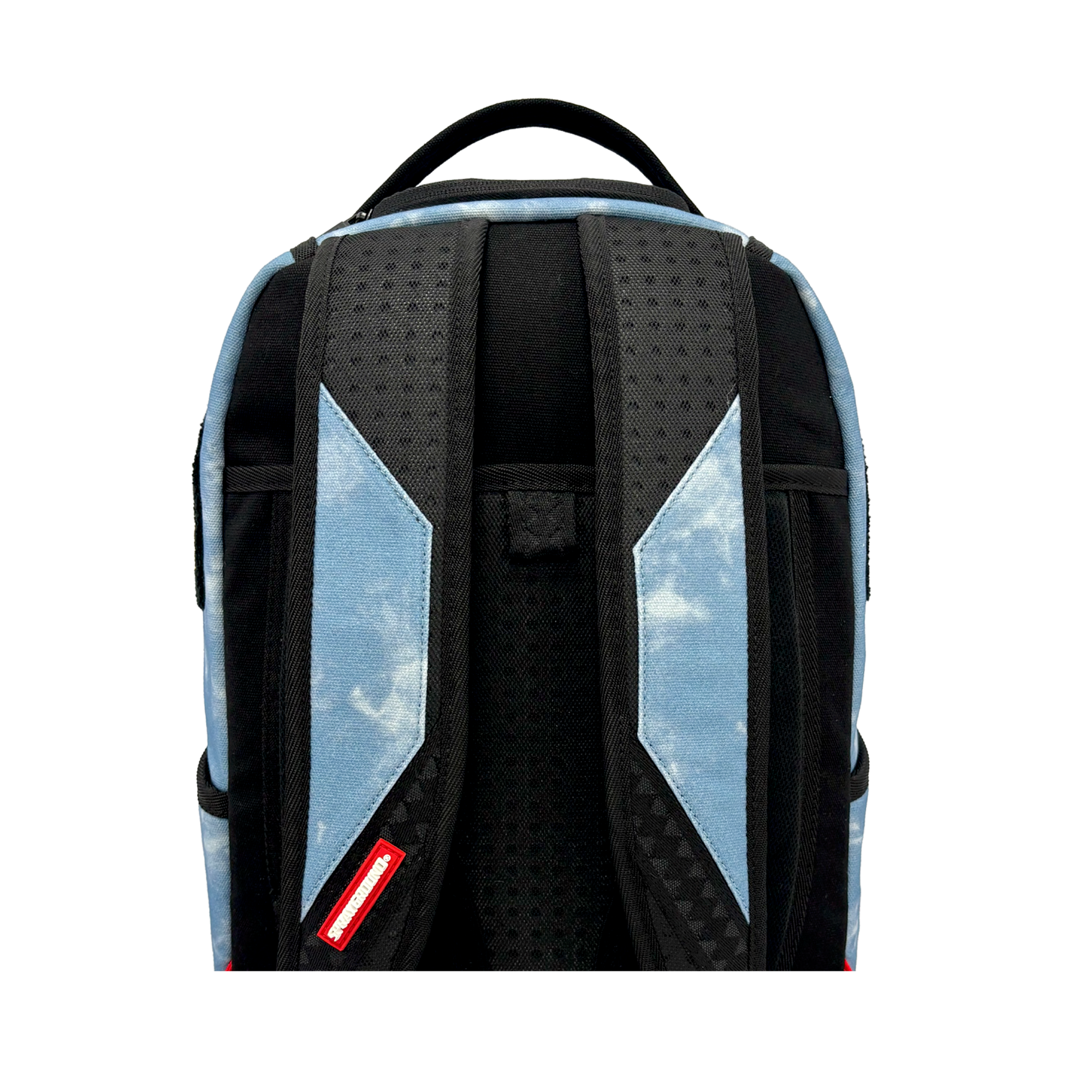 Back view of the Court Culture x Sprayground Miami HEAT Tie-Dye Jaw Backpack by Sprayground, featuring black padded shoulder straps, blue patterned panels, an embroidered logo, and a black carrying handle at the top.