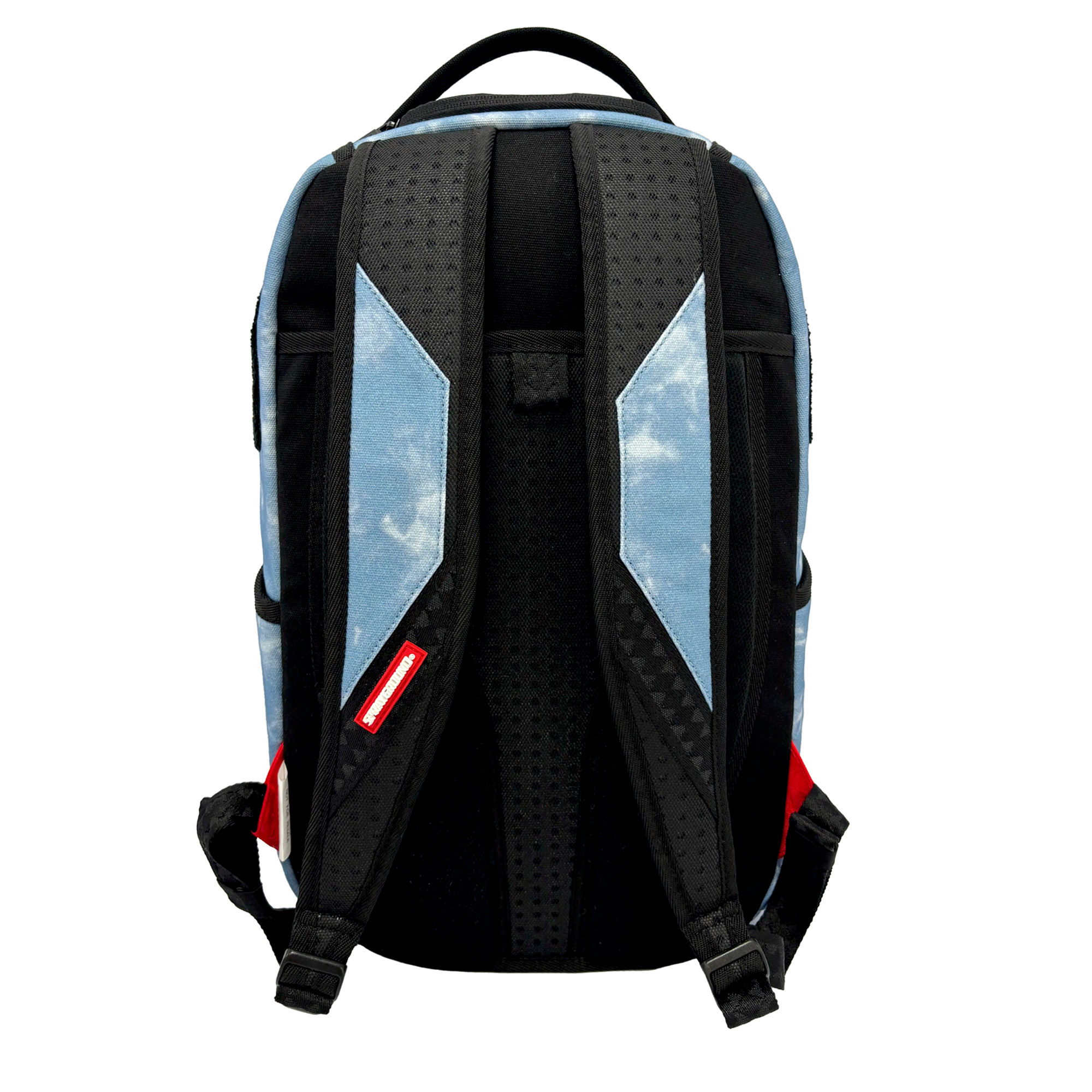 Introducing the Court Culture x Sprayground Miami HEAT Tie-Dye Jaw Backpack by Sprayground—a limited edition piece featuring padded black straps, light blue tie-dye pattern panels, and bold red accents. This backpack is detailed with an embroidered logo and is displayed from the back against a plain white background.