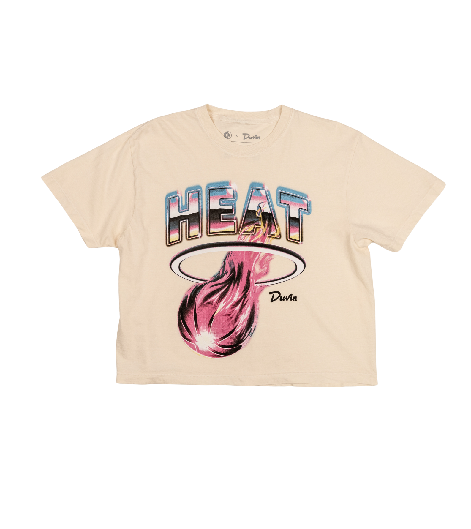 The Court Culture x Duvin Tropical Crop tee features bold HEAT lettering above a flaming pink basketball and 