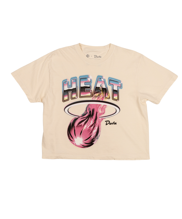 The Court Culture x Duvin Tropical Crop tee features bold HEAT lettering above a flaming pink basketball and 
