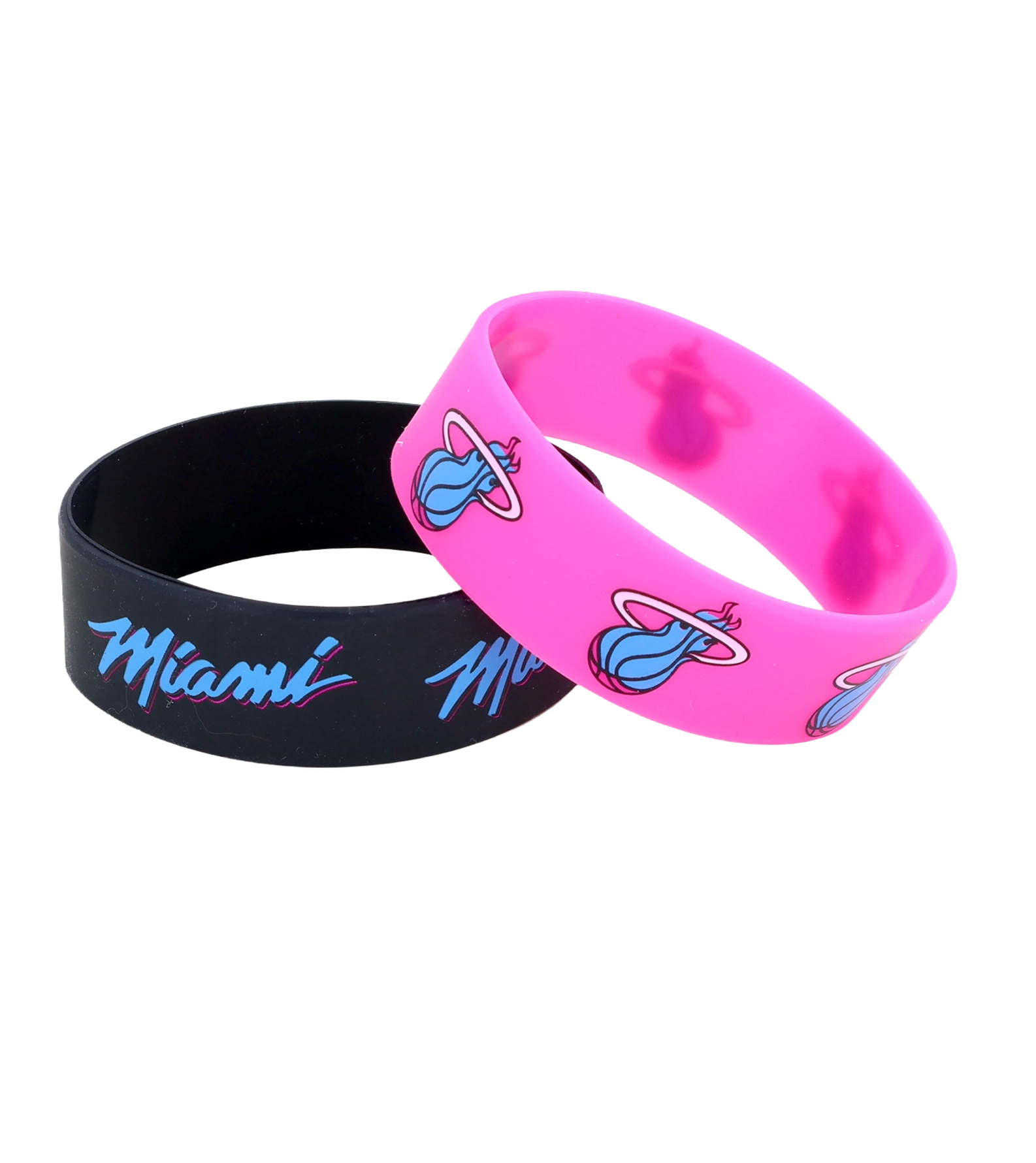The Aminco Miami HEAT Original Vice Nights 2-Pack Bracelet features two officially licensed silicone wristbands: one black with Miami in blue and pink script, and one pink with a blue flaming basketball logo. One size fits most.