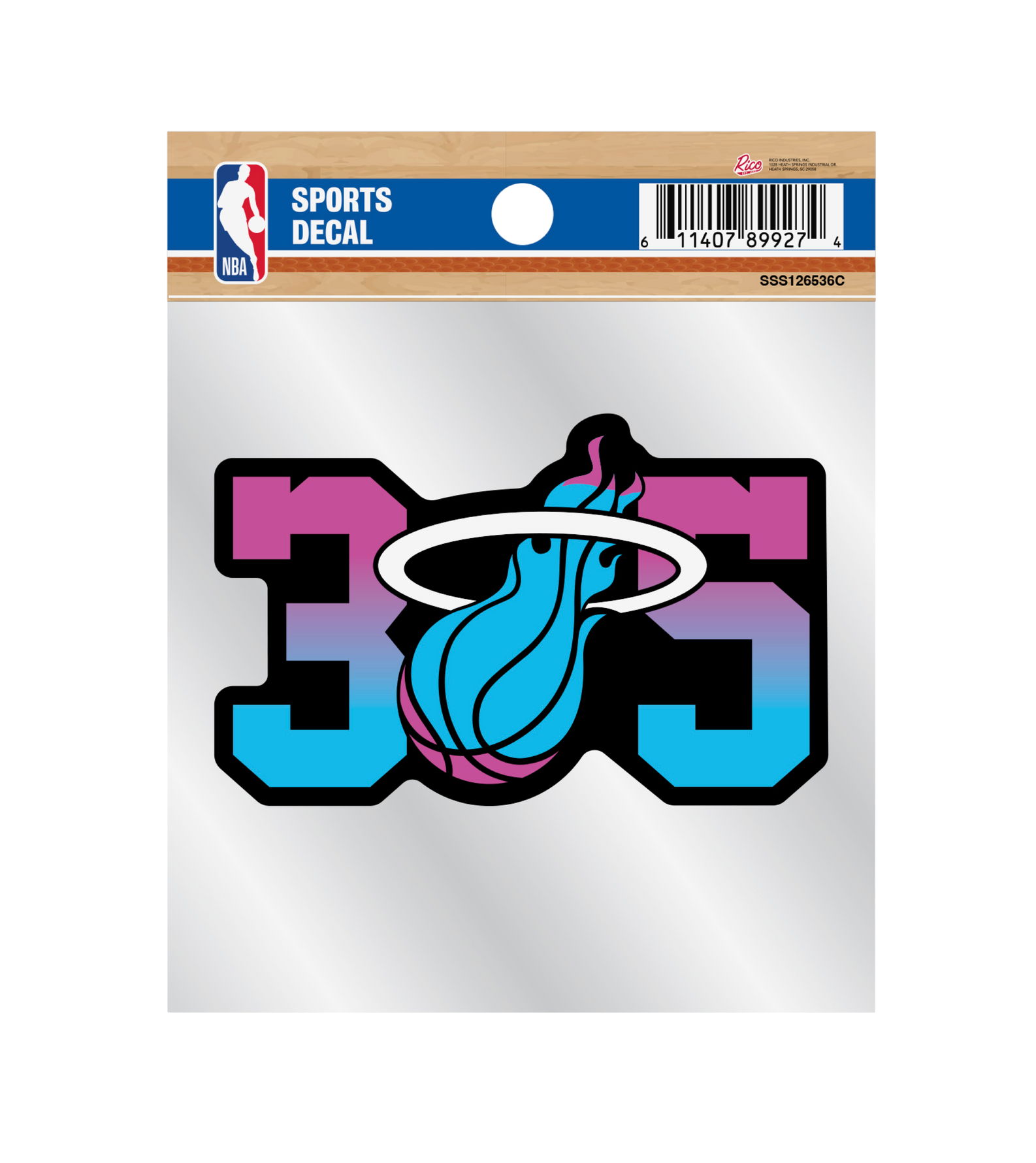 The Miami HEAT Original Vice Nights 305 Decal by Rico Industries features pink and blue, with the Heat flaming basketball logo as the zero. This officially licensed 3.5