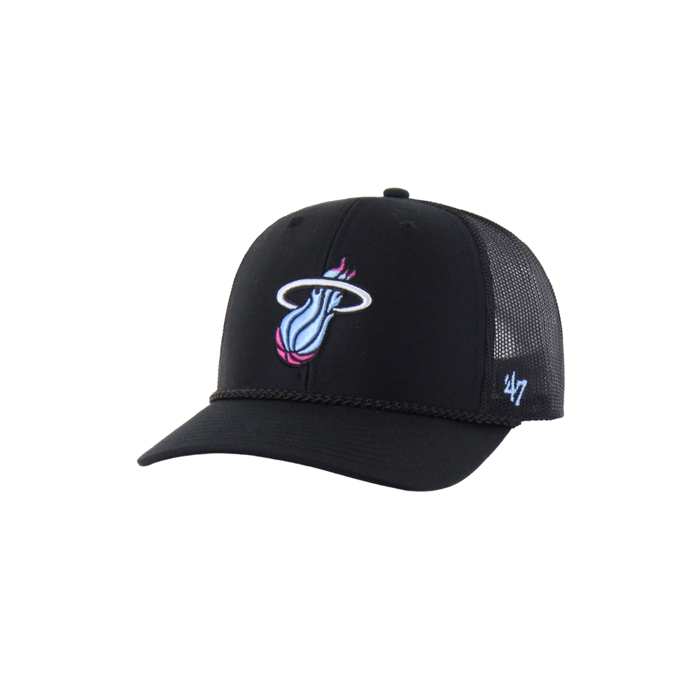 The '47 Brand Miami HEAT Original Vice Nights Trucker Snapback features a black mesh back, pastel blue and pink Heat logo on the front, stitched blue 47 on the brim, and an adjustable fit. Polyester/cotton; spot clean only.