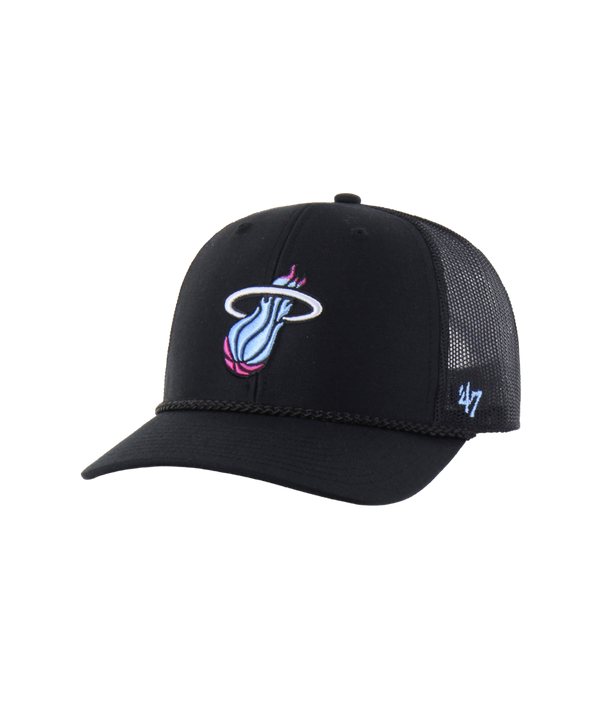The '47 Brand Miami HEAT Original Vice Nights Trucker Snapback features a black mesh back, pastel blue and pink Heat logo on the front, stitched blue 47 on the brim, and an adjustable fit. Polyester/cotton; spot clean only.