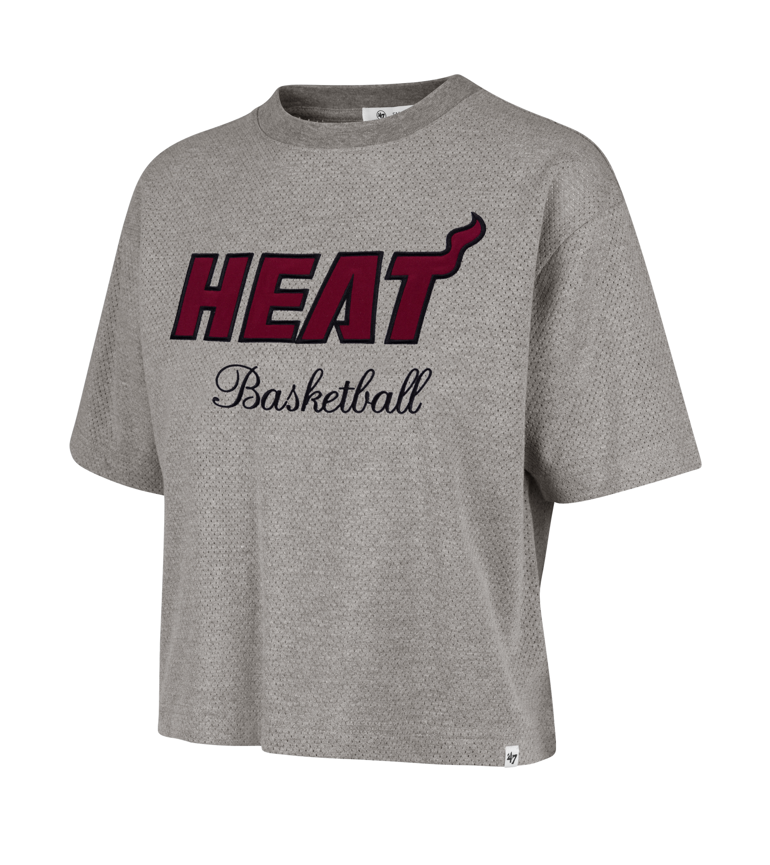 The '47 Brand Miami HEAT Pivot Women's Cropped Tee is a gray, oversized short-sleeve top featuring bold red and black 
