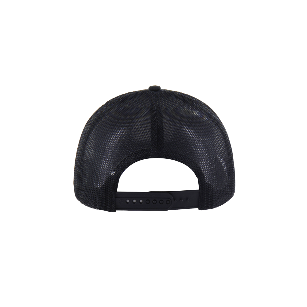 The '47 Brand Miami HEAT Original Vice Nights Trucker Snapback, shown from the back, is a black mesh hat with an adjustable snapback closure and 