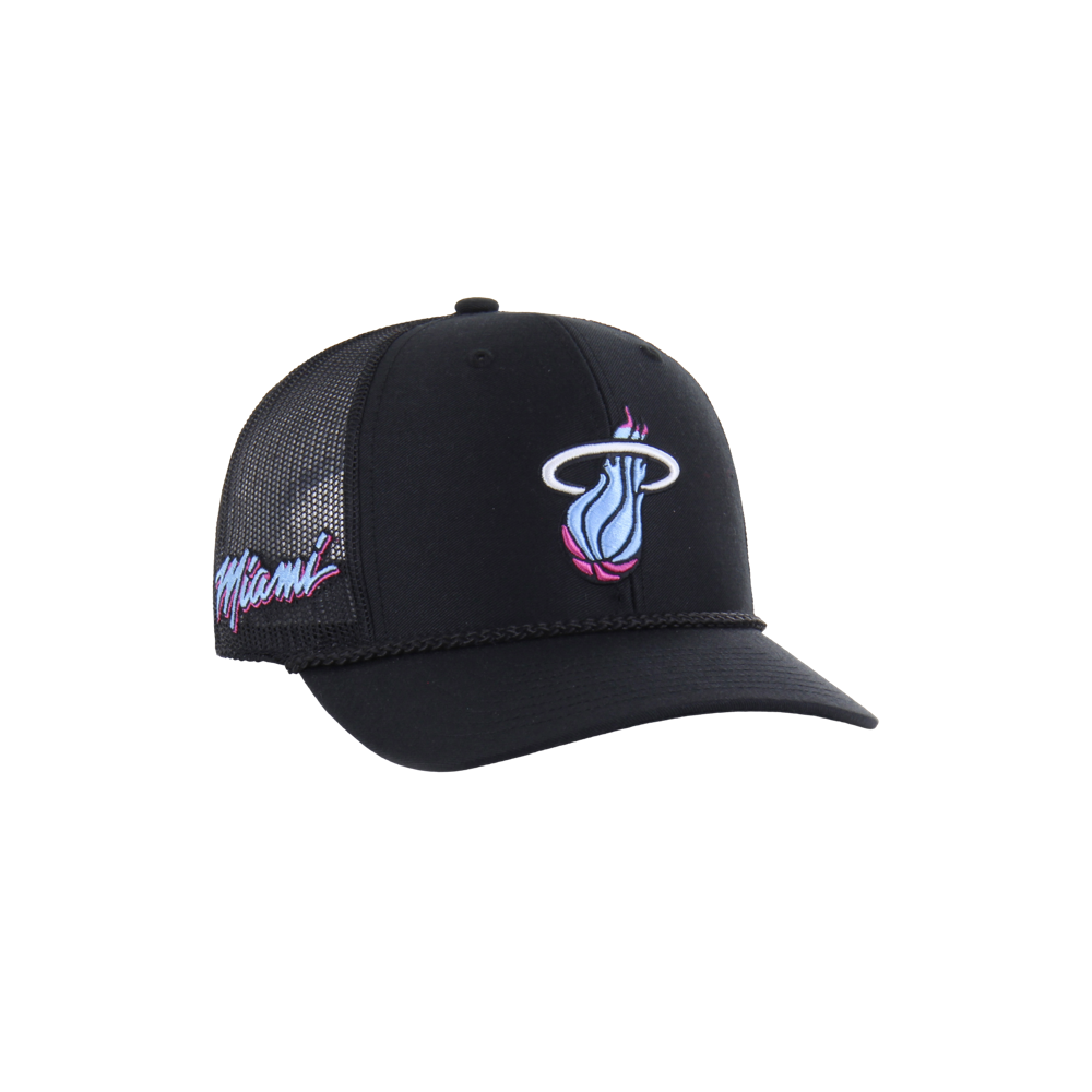 The '47 Brand Miami HEAT Original Vice Nights Trucker Snapback is a black mesh-back hat featuring the team’s flaming basketball logo on front and “Miami” script on the side. One size fits most; spot clean for easy care.