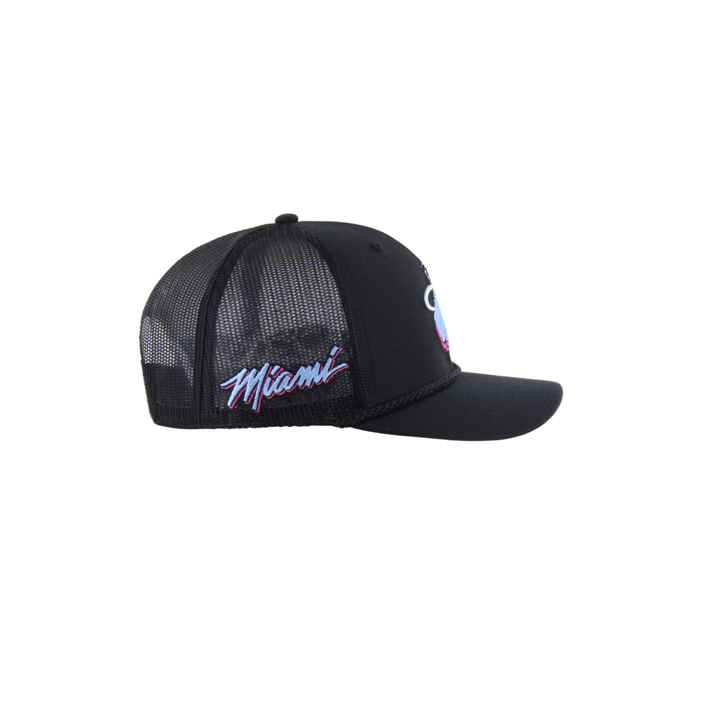 The '47 Brand Miami HEAT Original Vice Nights Trucker Snapback features a black front and bill, pink and blue 