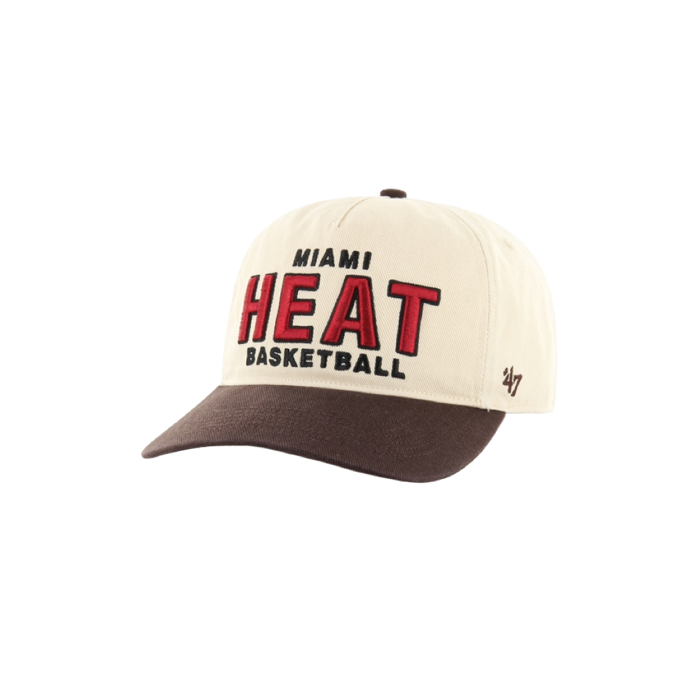 The '47 Brand Miami HEAT Tan Hitch Snapback features a cream and brown cotton build, black and red Miami HEAT BASKETBALL embroidery on the front, a small '47 logo on the brim, and an adjustable fit. Spot clean only.