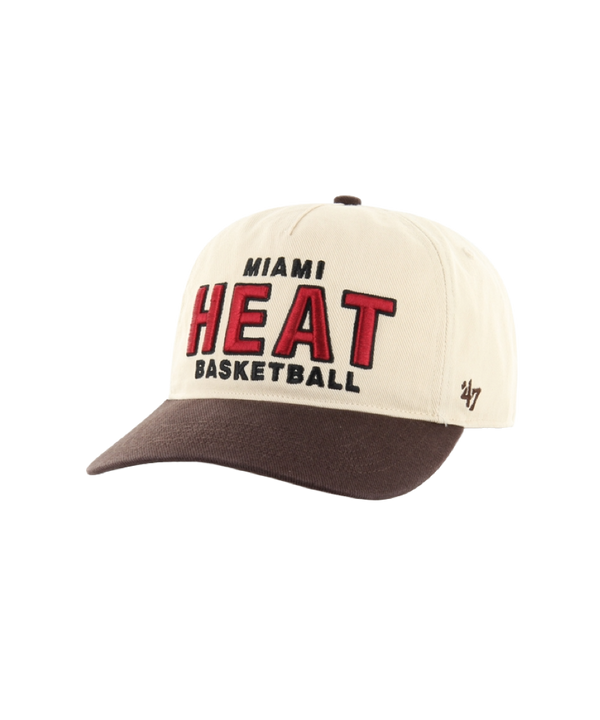 The '47 Brand Miami HEAT Tan Hitch Snapback features a cream and brown cotton build, black and red Miami HEAT BASKETBALL embroidery on the front, a small '47 logo on the brim, and an adjustable fit. Spot clean only.