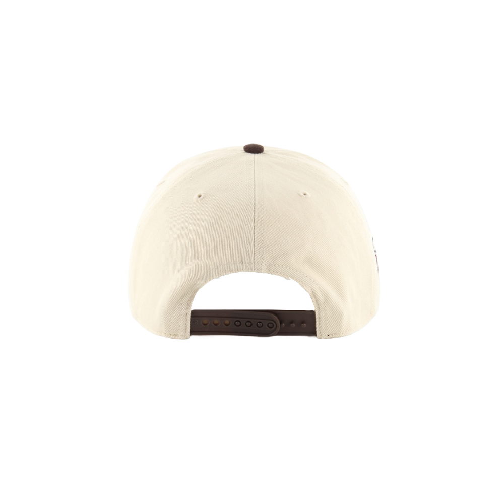 The '47 Brand Miami HEAT Tan Hitch Snapback is a beige cotton baseball cap viewed from the back, featuring a dark brown adjustable snap closure and top button. One size fits most; spot clean for easy care. Plain white background.