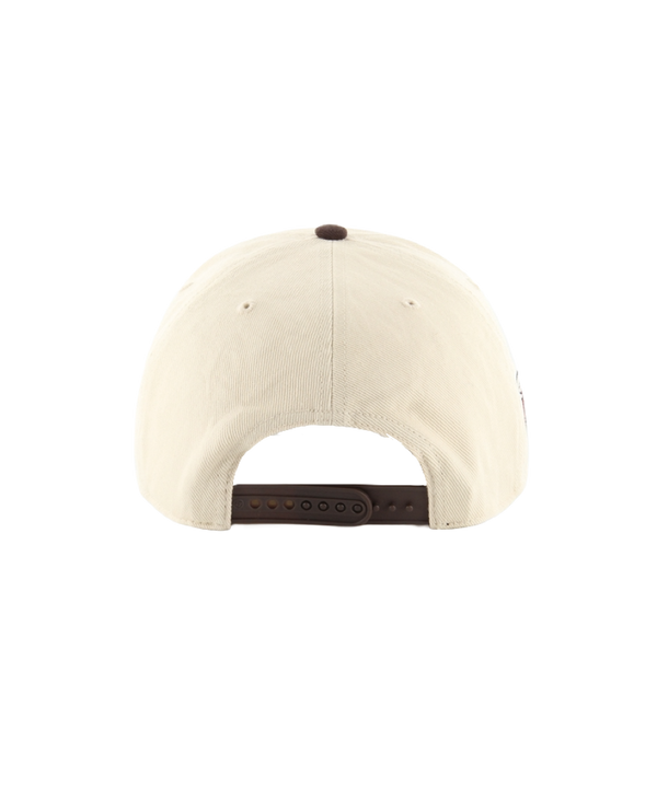 The '47 Brand Miami HEAT Tan Hitch Snapback features a cream and brown cotton build, black and red Miami HEAT BASKETBALL embroidery on the front, a small '47 logo on the brim, and an adjustable fit. Spot clean only.