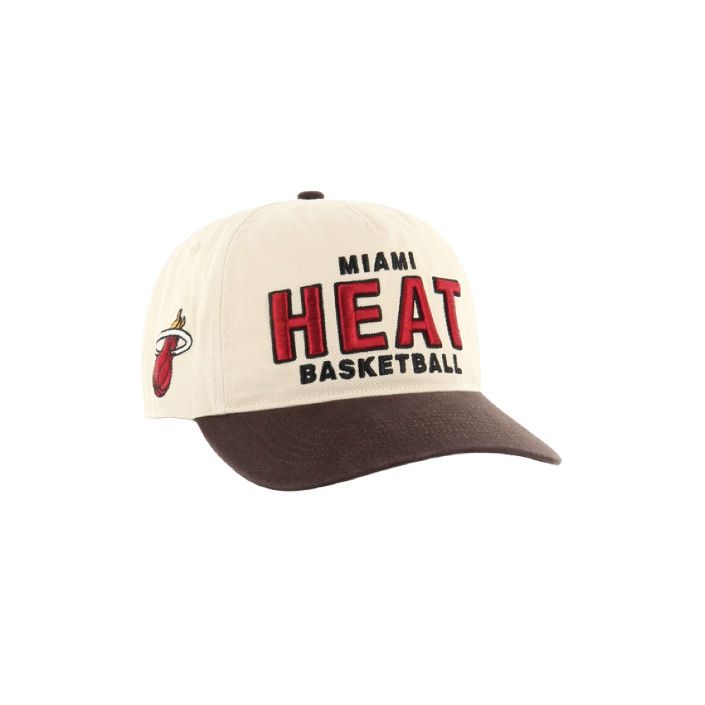 The '47 Brand Miami HEAT Tan Hitch Snapback features bold red and black MIAMI HEAT BASKETBALL lettering, the Heat logo on the side, and a cream and brown cotton design. One size fits most; spot clean only.