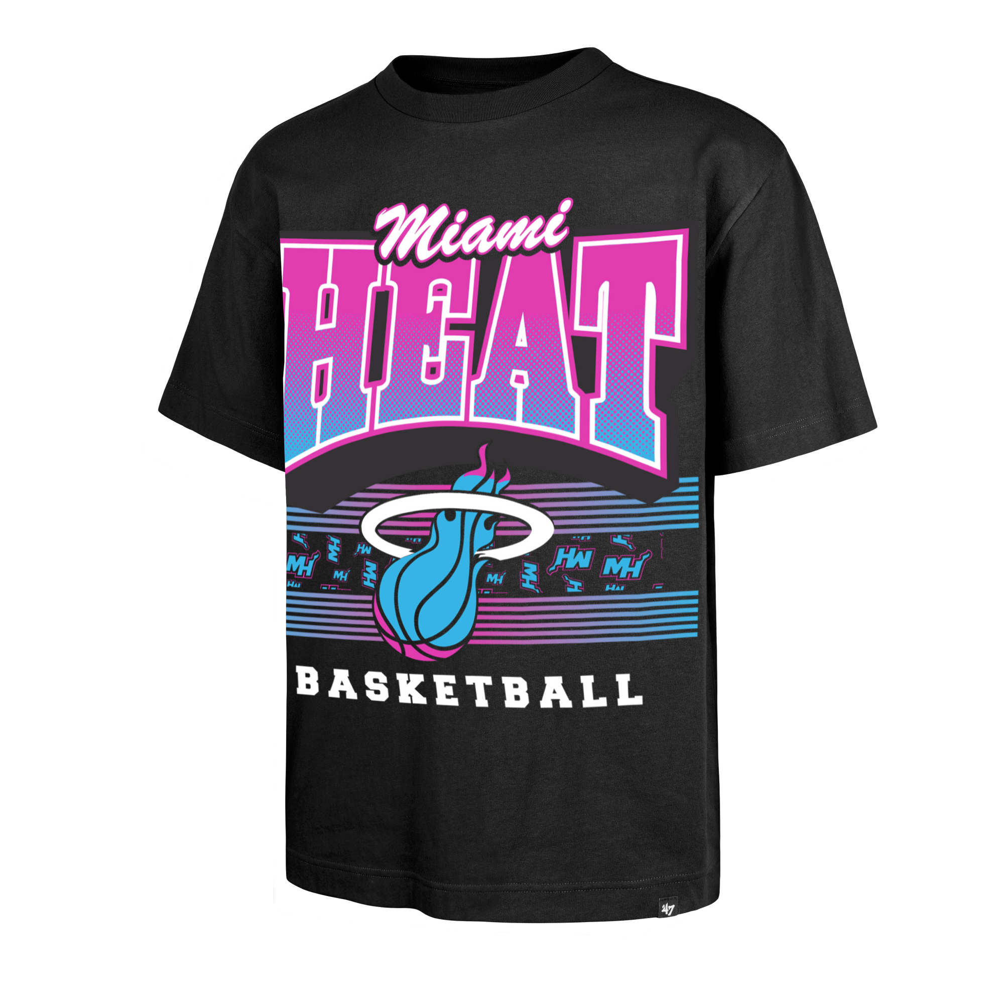 The '47 Brand Miami HEAT Original Vice Nights Foundation Tee is a black, 100% cotton T-shirt with a vibrant pink, blue, and white Miami Heat Basketball design and flaming basketball logo; standard fit, machine wash cold.