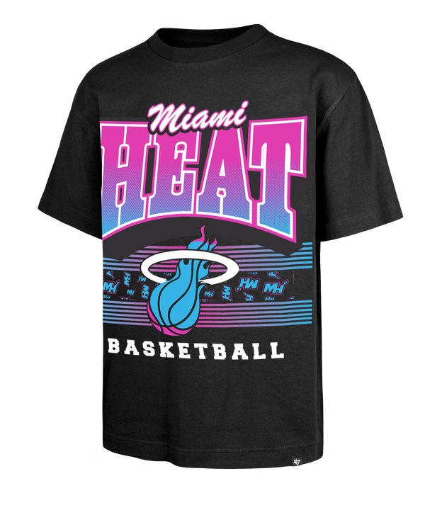The '47 Brand Miami HEAT Original Vice Nights Foundation Tee is a black, 100% cotton T-shirt with a vibrant pink, blue, and white Miami Heat Basketball design and flaming basketball logo; standard fit, machine wash cold.
