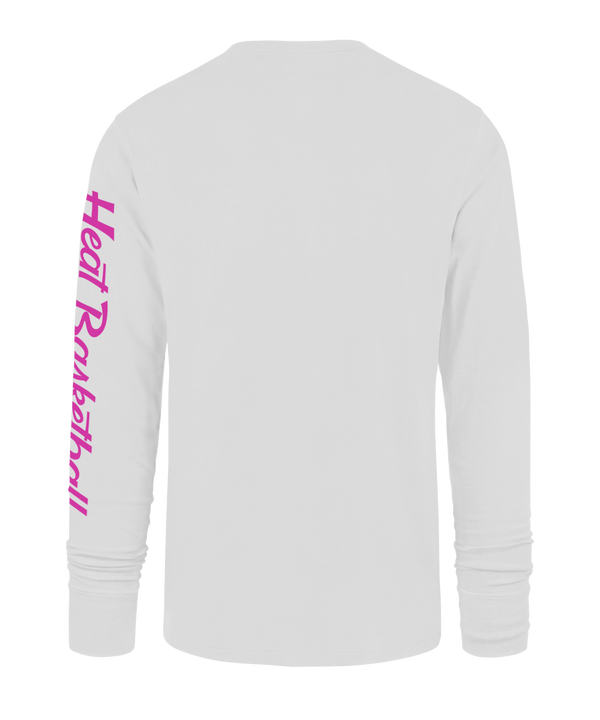 The '47 Brand Miami HEAT Original Vice Nights White Long Sleeve Tee features pink and blue Eastern Conference graphics, the Miami Heat logo, and pink script on the sleeve. Made from 100% cotton with a standard fit; machine wash cold.