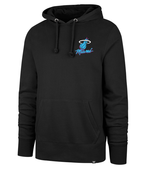 The '47 Brand Miami HEAT Original Vice Nights Hoodie is a black cotton-poly hoodie with a Miami Heat logo and 