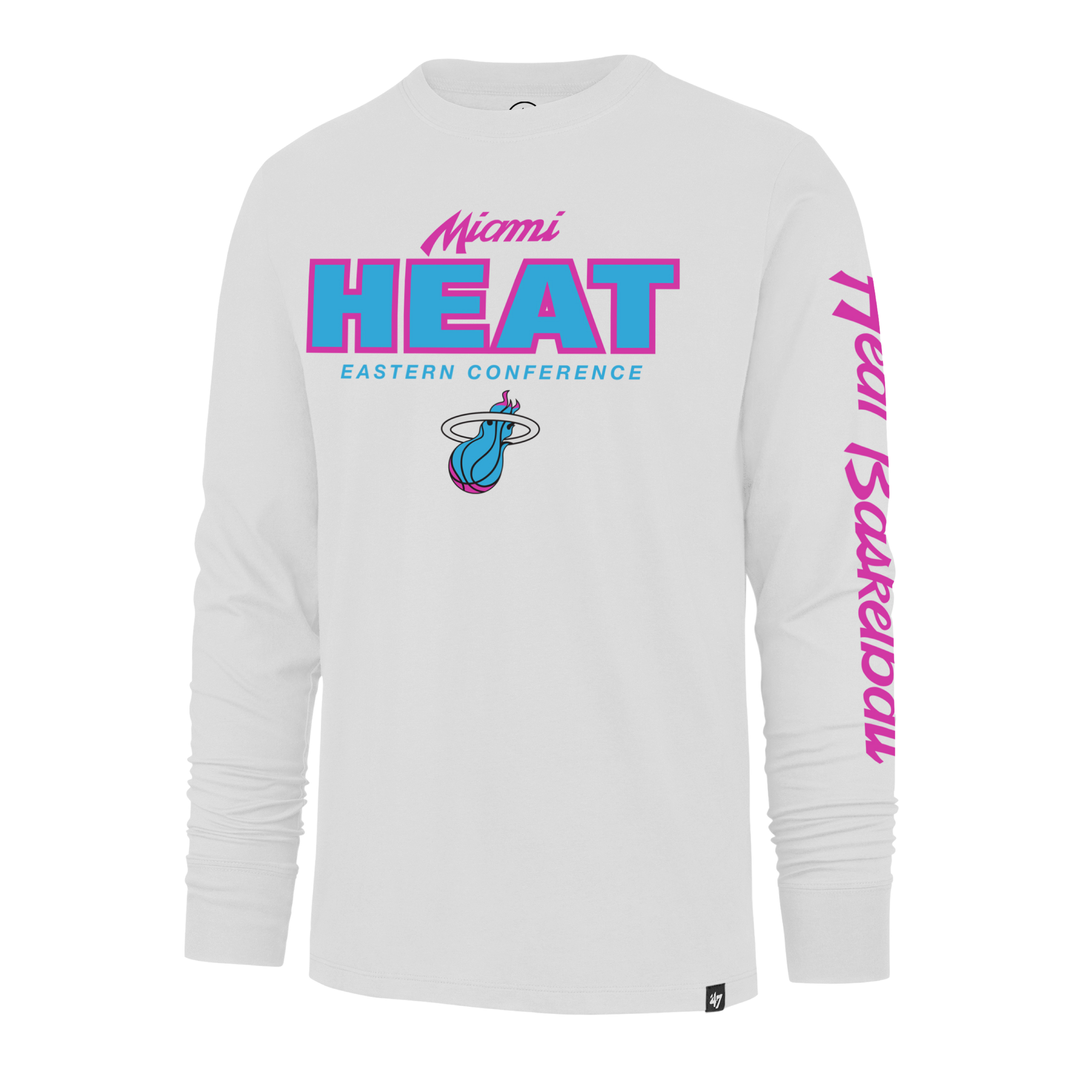 The '47 Brand Miami HEAT Original Vice Nights White Long Sleeve Tee features pink and blue Eastern Conference graphics, the Miami Heat logo, and pink script on the sleeve. Made from 100% cotton with a standard fit; machine wash cold.
