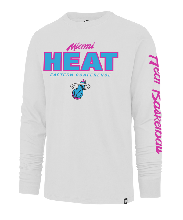 The '47 Brand Miami HEAT Original Vice Nights White Long Sleeve Tee features pink and blue Eastern Conference graphics, the Miami Heat logo, and pink script on the sleeve. Made from 100% cotton with a standard fit; machine wash cold.