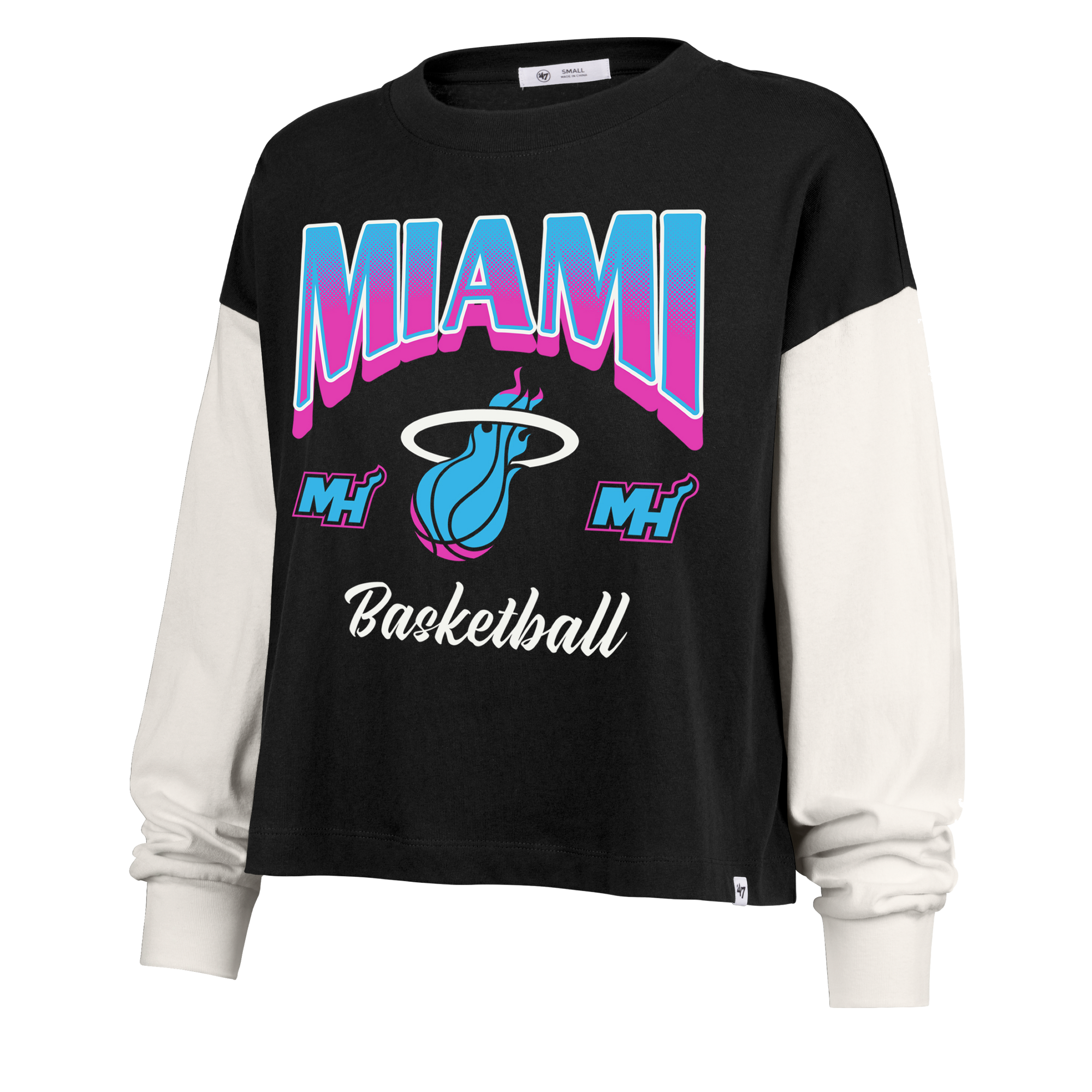 The '47 Brand Miami HEAT Original Vice Nights Women's Crewneck is a black and white standard-fit cotton long-sleeve shirt with MIAMI in bold teal and pink, a flaming basketball logo, MH initials, 