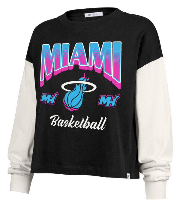 The '47 Brand Miami HEAT Original Vice Nights Women's Crewneck is a black and white standard-fit cotton long-sleeve shirt with MIAMI in bold teal and pink, a flaming basketball logo, MH initials, 