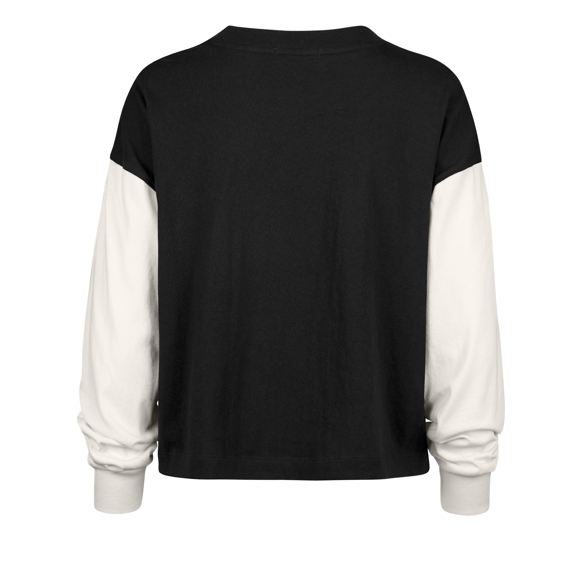 Back view of the '47 Brand Miami HEAT Original Vice Nights Women's Crewneck. This relaxed-fit cotton sweatshirt features a black body, contrasting white sleeves, and is machine washable. Shown on a plain white background for focus.