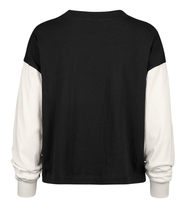 The '47 Brand Miami HEAT Original Vice Nights Women's Crewneck is a black and white standard-fit cotton long-sleeve shirt with MIAMI in bold teal and pink, a flaming basketball logo, MH initials, 