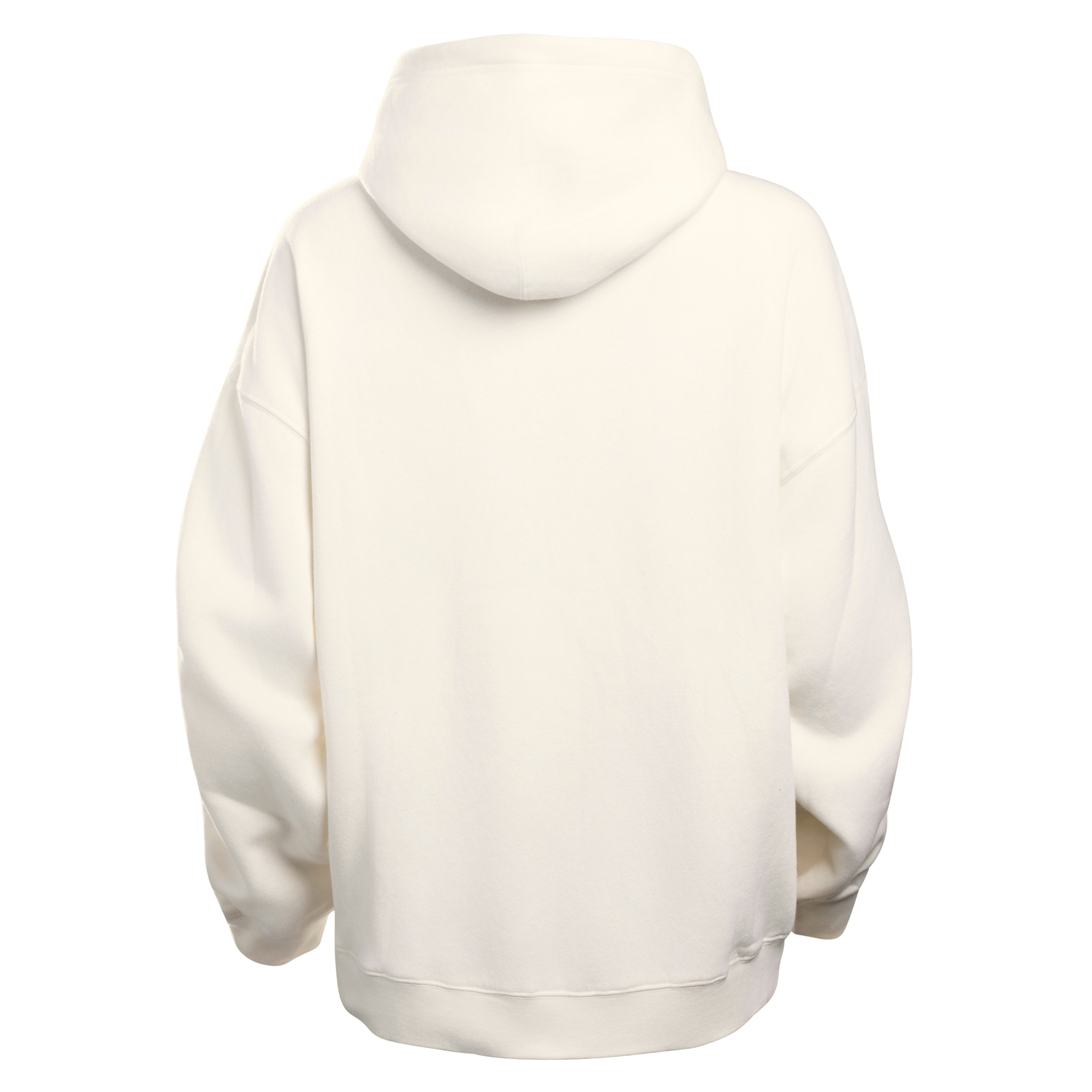 Back view of the Court Culture “Star” Hoodie by Court Culture, featuring an oversized fit with loose sleeves in plain ivory, crafted from a soft cotton-polyester blend and displayed against a light gray background.