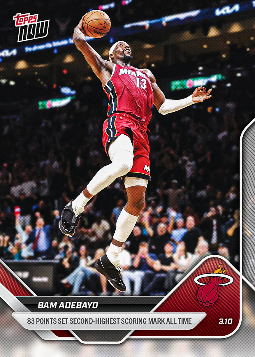 TOPPS Bam Adebayo 2025-26 Topps NOW® Card 201 features the Miami Heat star in jersey #13 soaring for a dunk, with text celebrating his 83-point game—an ideal collectible to showcase in your favorite toploader.
