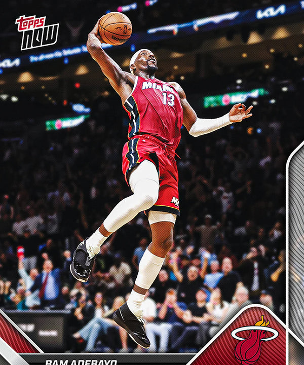 TOPPS Bam Adebayo 2025-26 Topps NOW® Card 201 features the Miami Heat star in jersey #13 soaring for a dunk, with text celebrating his 83-point game—an ideal collectible to showcase in your favorite toploader.