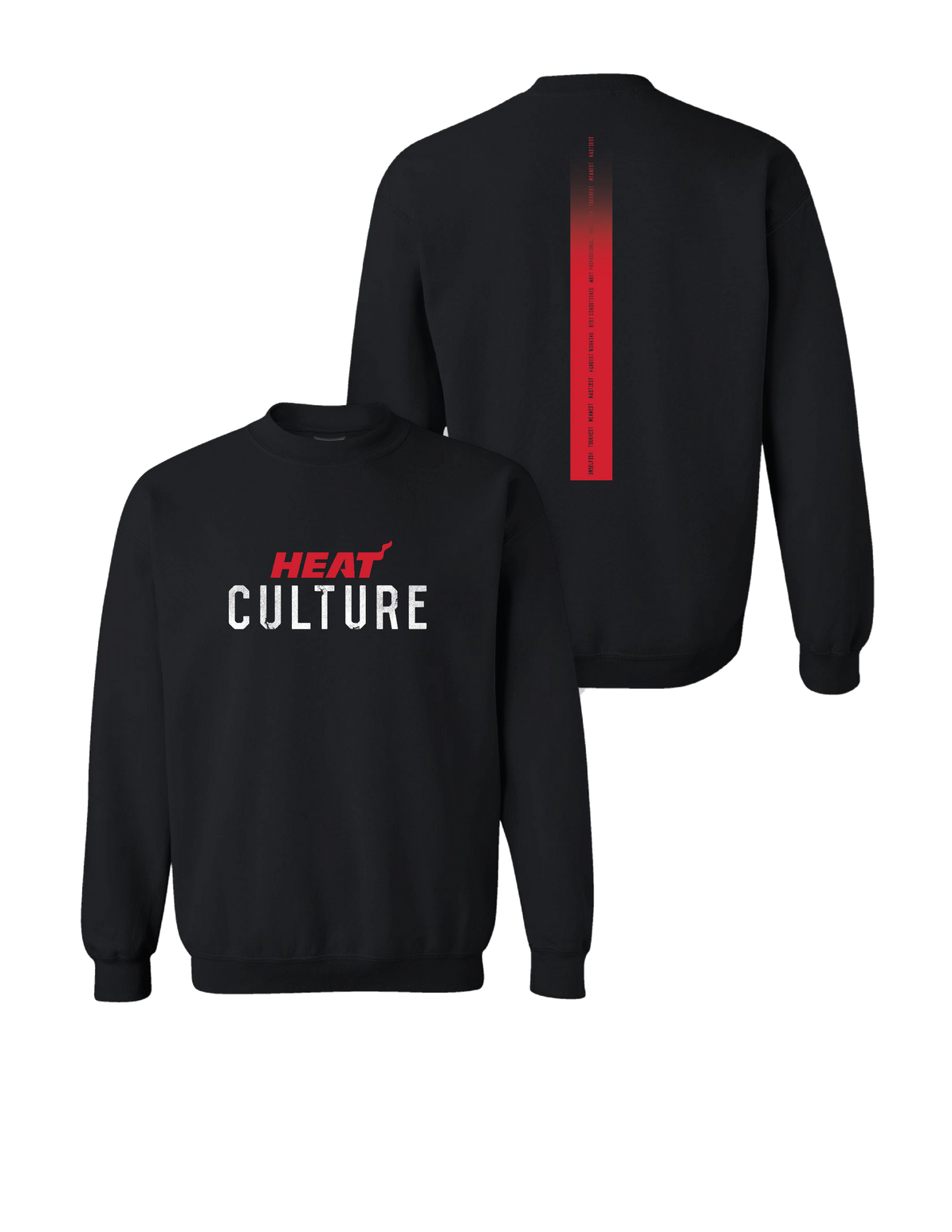 Black crewneck sweatshirt with Miami HEAT Culture wordmark on front and red vertical stripe on back. - HEAT Culture Wordmark Crewneck