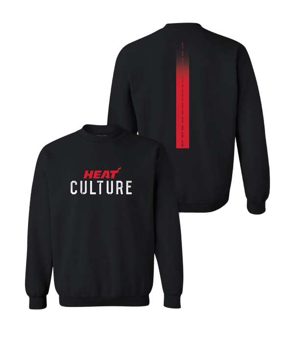 Black crewneck sweatshirt with Miami HEAT Culture wordmark on front and red vertical stripe on back. - HEAT Culture Wordmark Crewneck