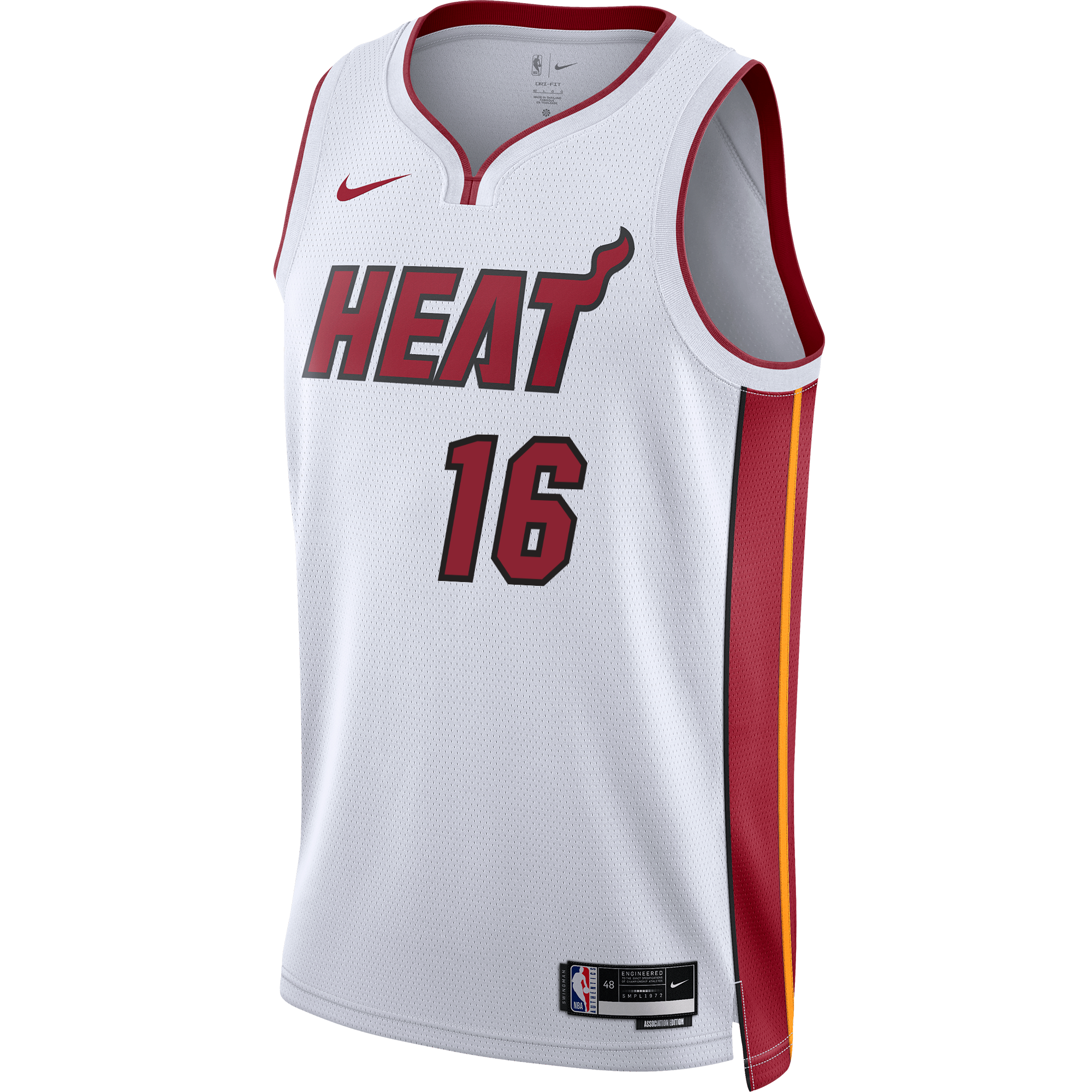 White Miami HEAT Caleb Martin swingman jersey with red and black trim, number 16 front and Nike logo. - Caleb Martin Nike Association White Swingman Jersey
